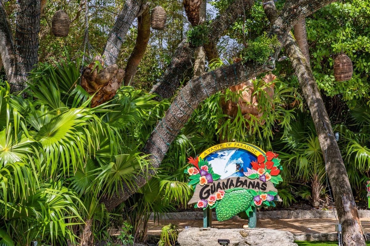 Guanabanas sign amid tropical foliage
